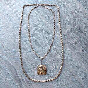 Vintage Openwork Square Pendant Necklace Double Chain Retro Jewelry